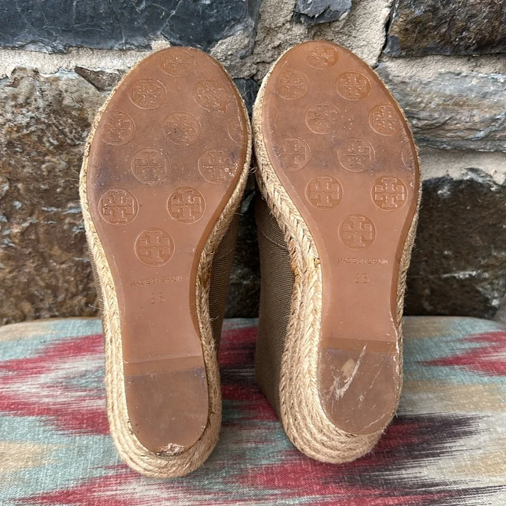 Tory Burch Filipa Canvas Espadrille Wedge Shoes in Tan Brown Size 6